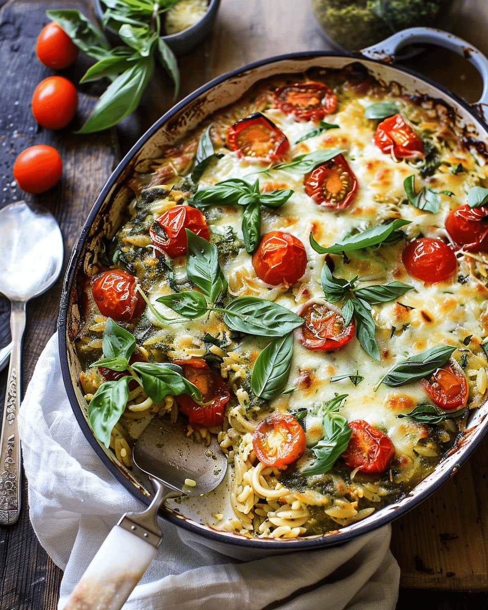 One Pan Caprese Pesto Orzo Bake