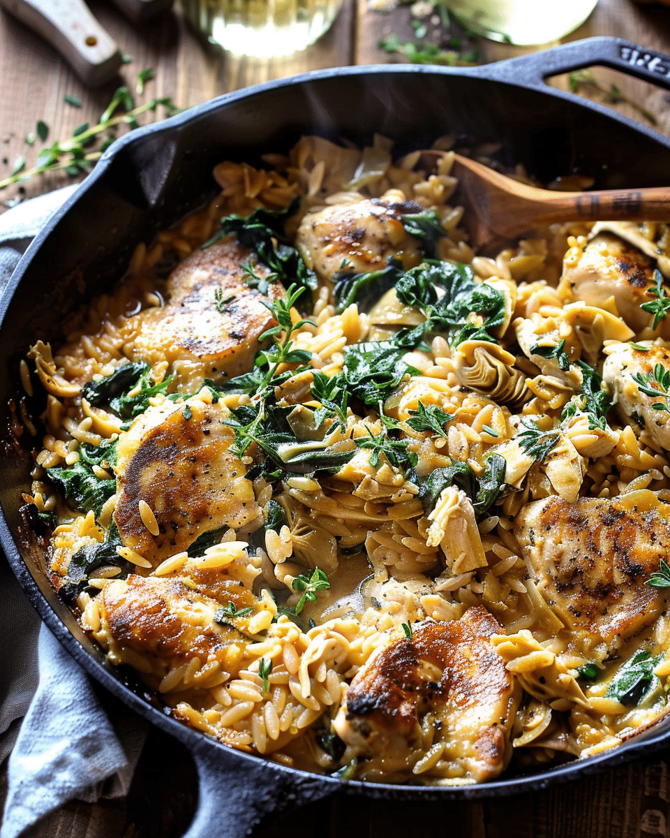 Skillet Spinach and Artichoke Chicken Orzo
