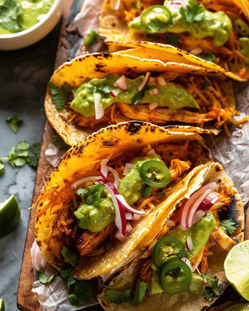 Crockpot Crispy Chicken Tinga Tacos with Jalapeño Avocado Crema