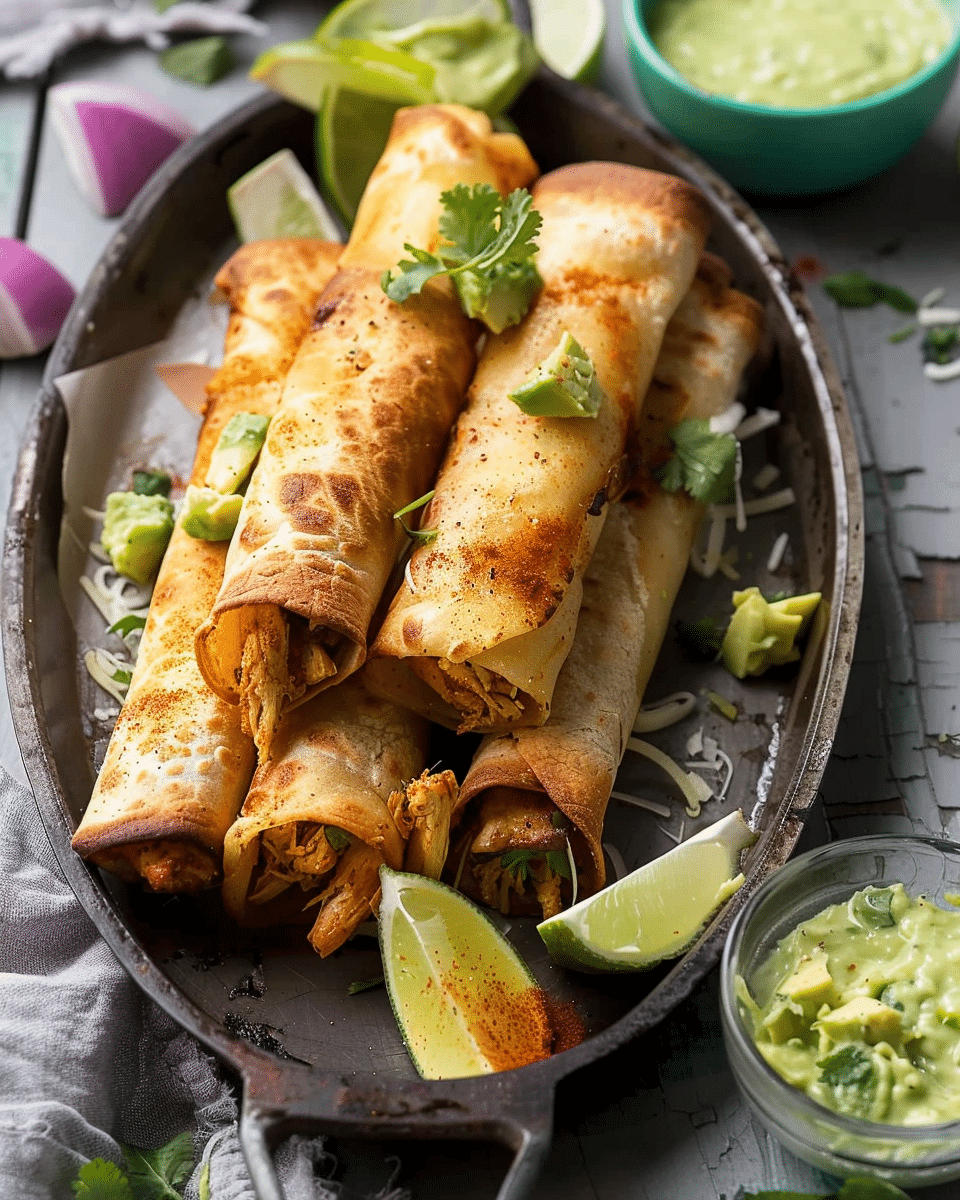 Crispy Chicken Tinga Taquitos with Lime Avocado Crema