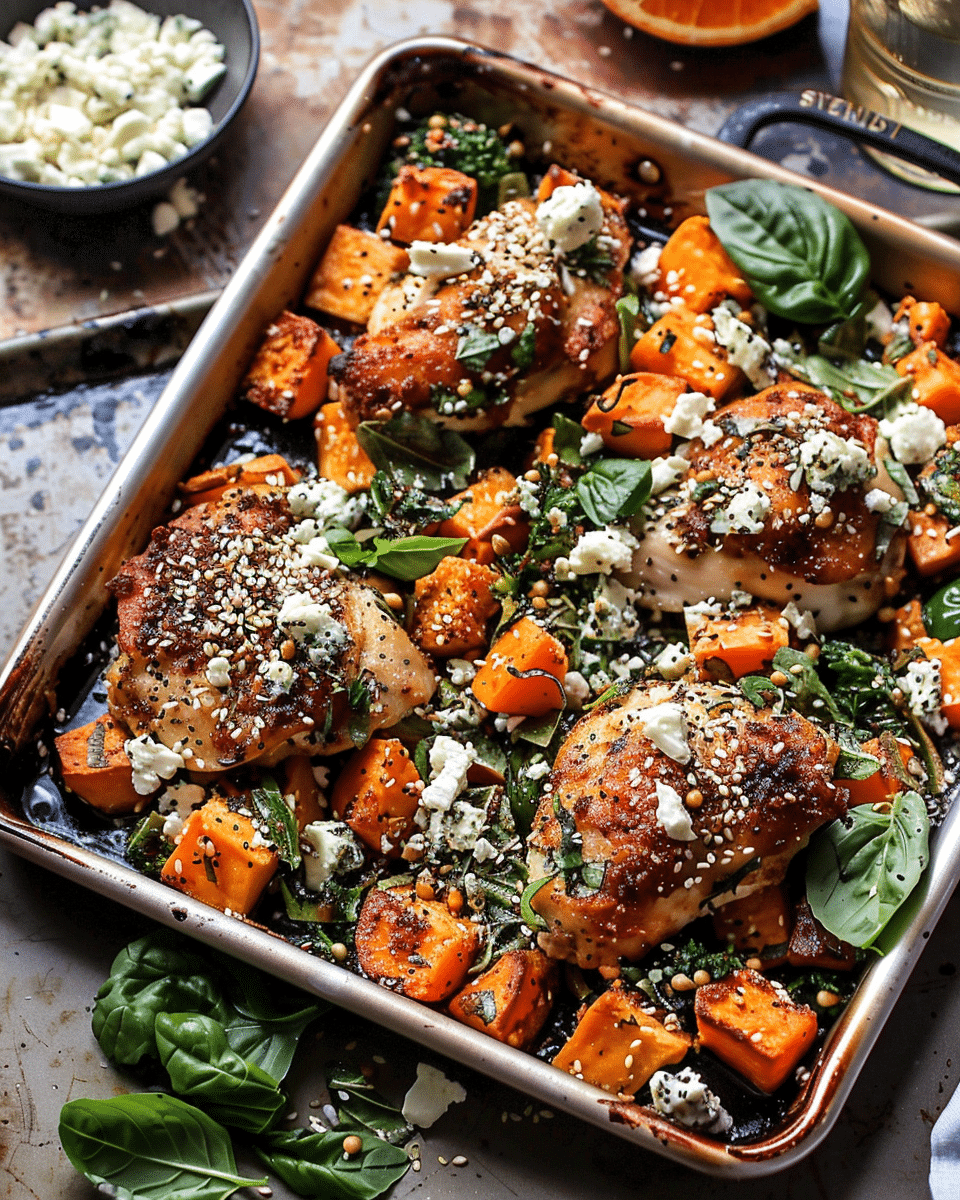 Sheet Pan Sesame Feta Chicken and Sweet Potatoes