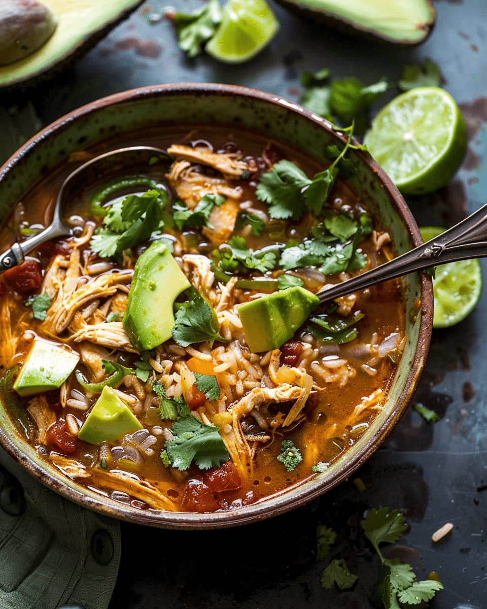 Slow Cooker Chipotle Chicken and Avocado Rice Soup