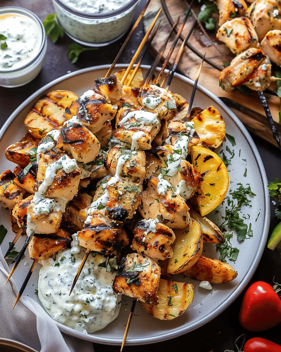Greek Chicken Skewers with Feta Fries