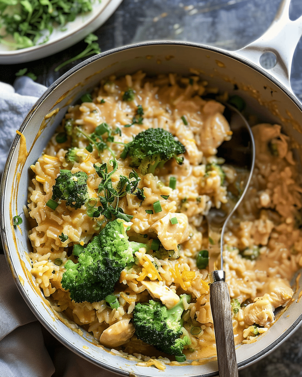 One Pot Broccoli Cheddar Chicken and Rice