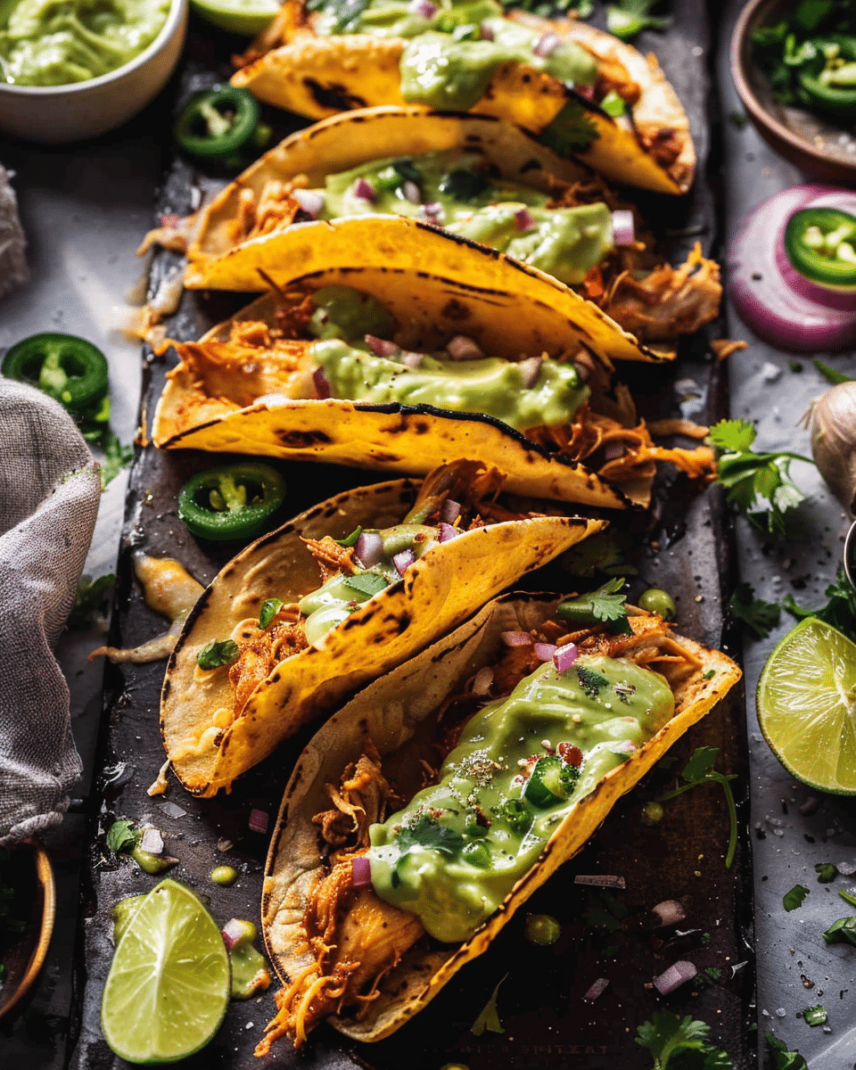 Crockpot Crispy Chicken Tinga Tacos with Jalapeño Avocado Crema