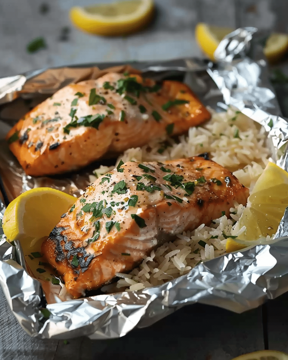 Grilled Salmon and Rice Foil Packs