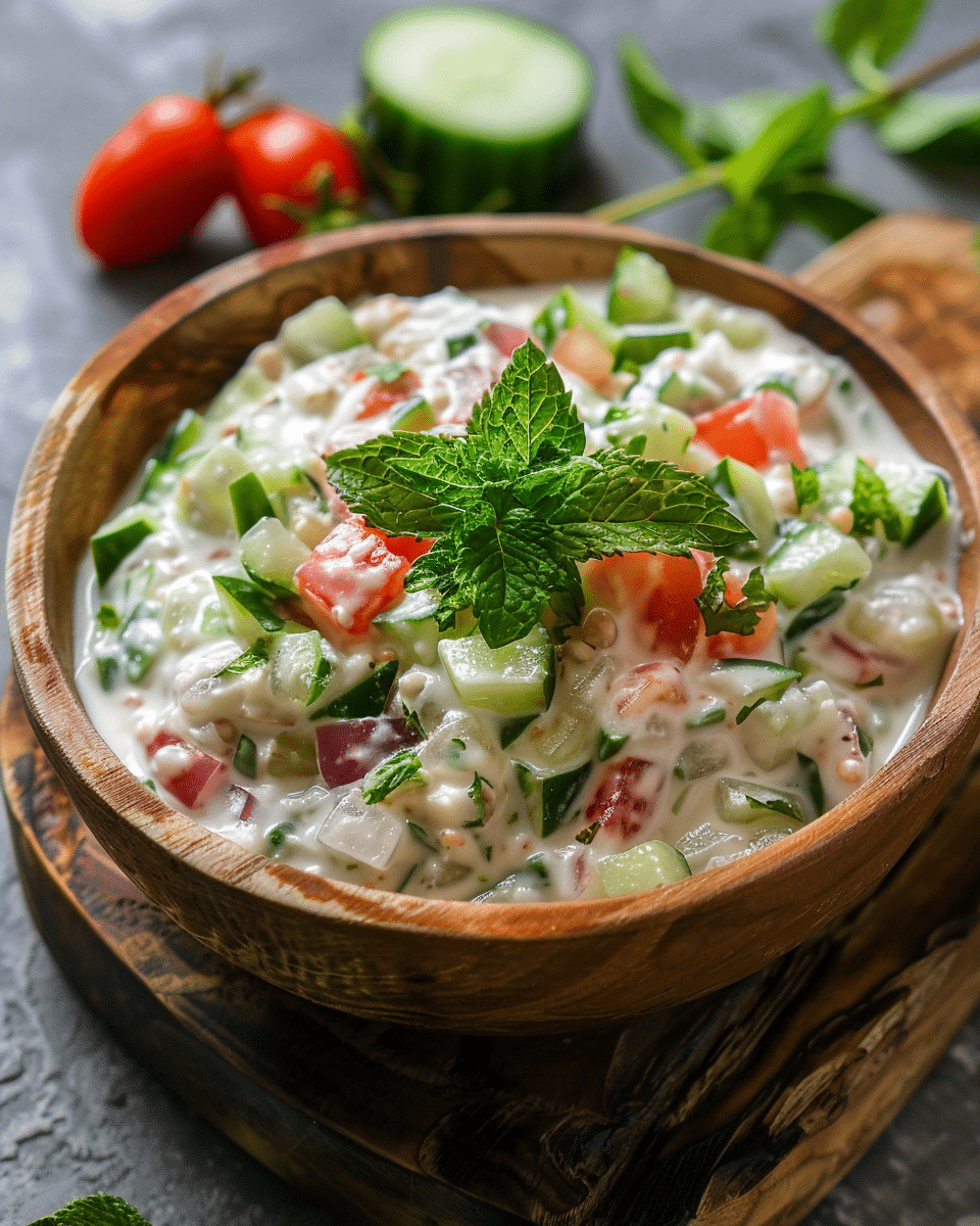 Vegan Mixed Vegetable Raita with Tomato, Cucumber, Onion, and Mint