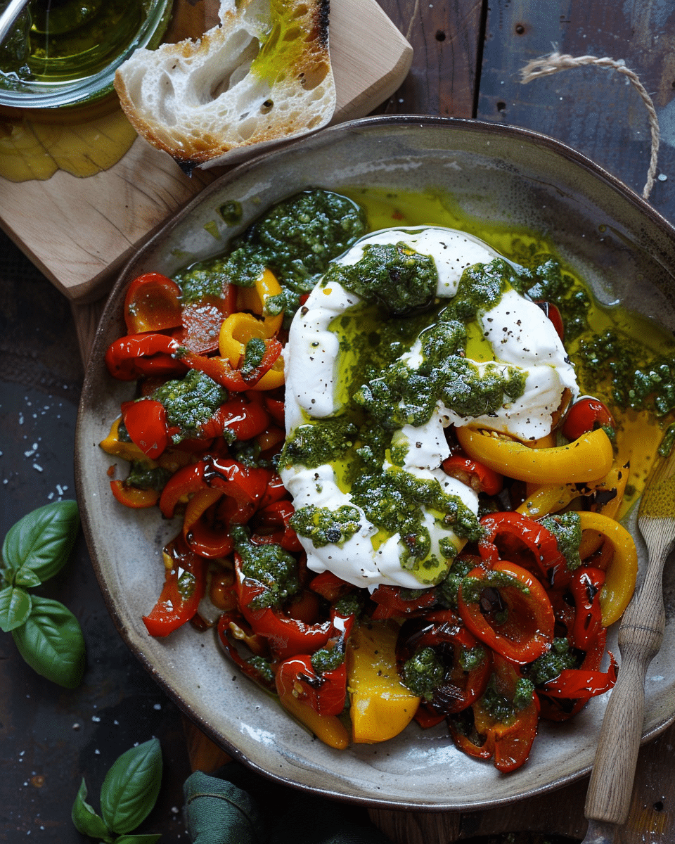 Fried Burrata with Roasted Peppers & Pesto