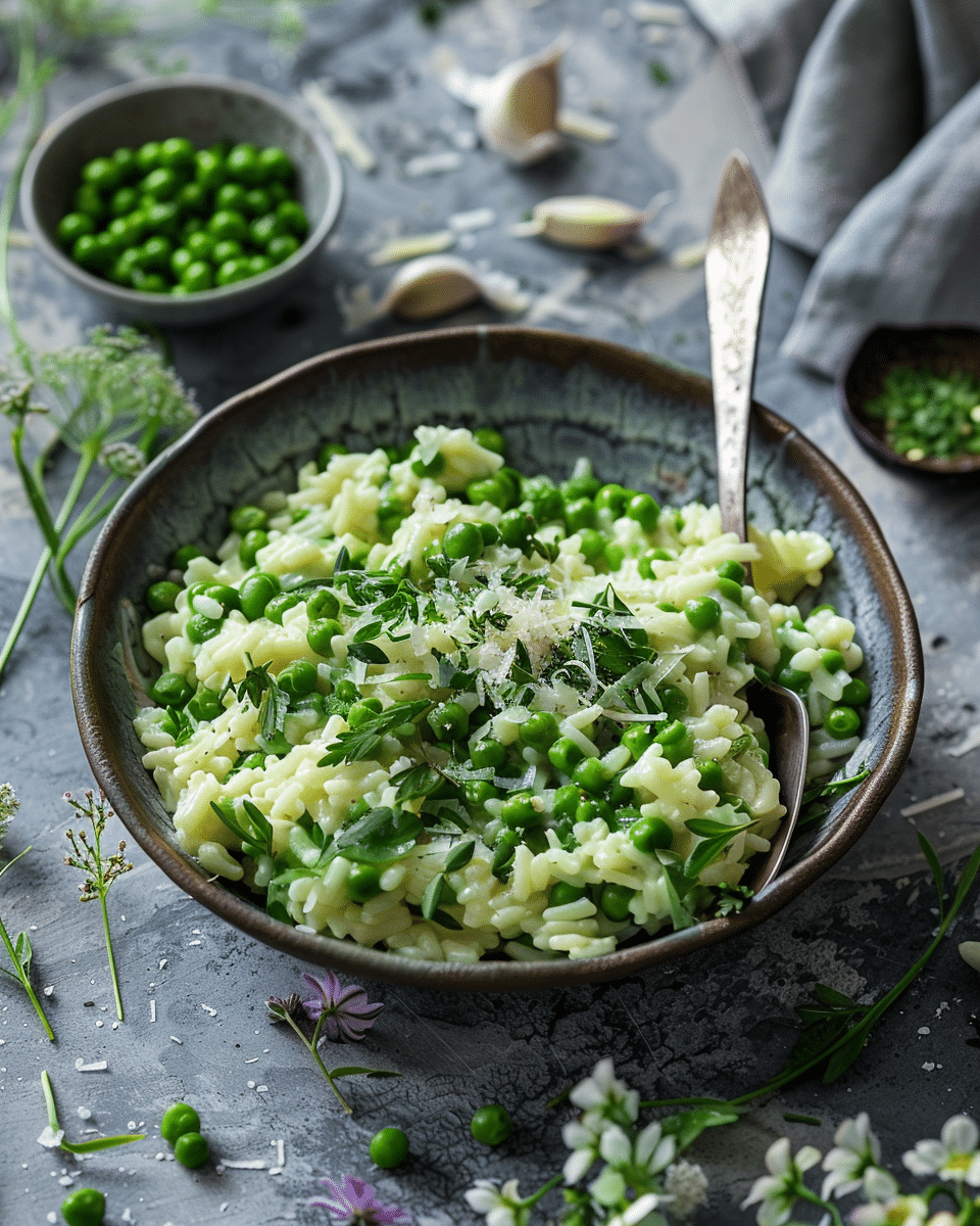 Pea and Wild Garlic Risotto with Cheddar Tuile
