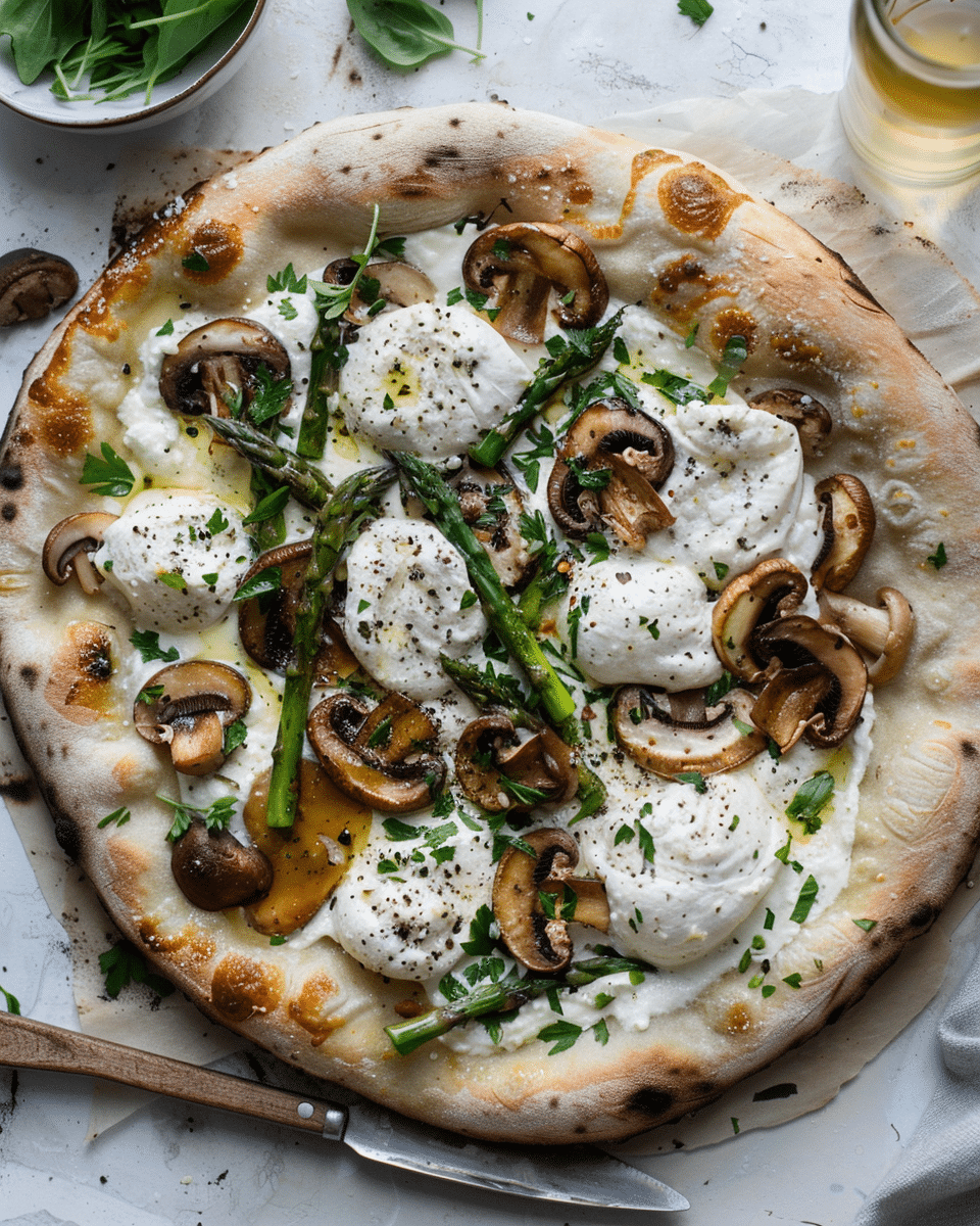 Mushroom and Asparagus White Burrata Cheese Pizza