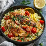Greek Chicken with Lemon Rice and Tomatoes