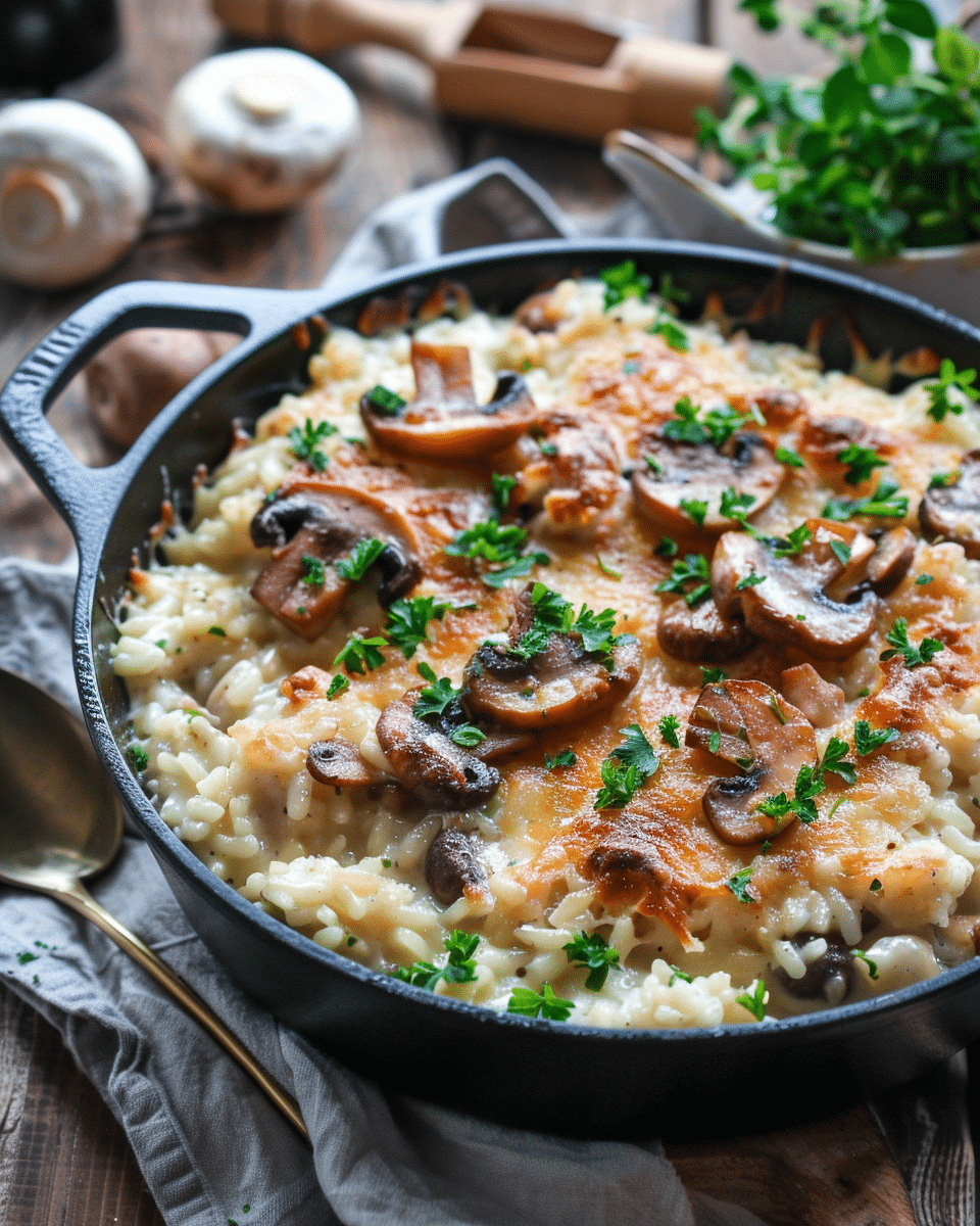 Mushroom Gruyere Chicken and Rice Casserole