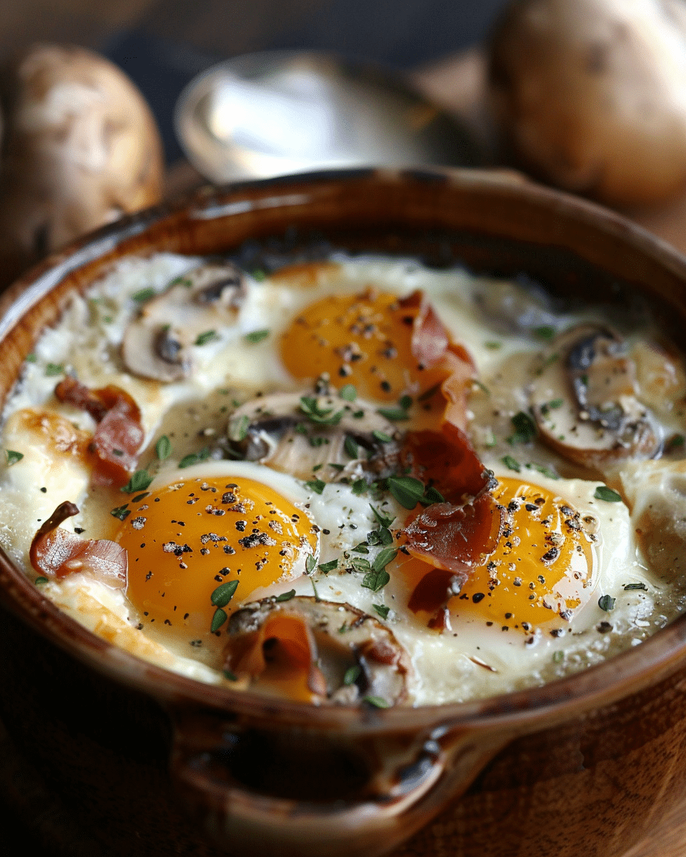 Prosciutto Mushroom Baked Eggs en Cocotte