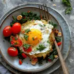Breakfast Potato Latke Topped with Egg, Kale, Tomatoes, and Tamari Almonds