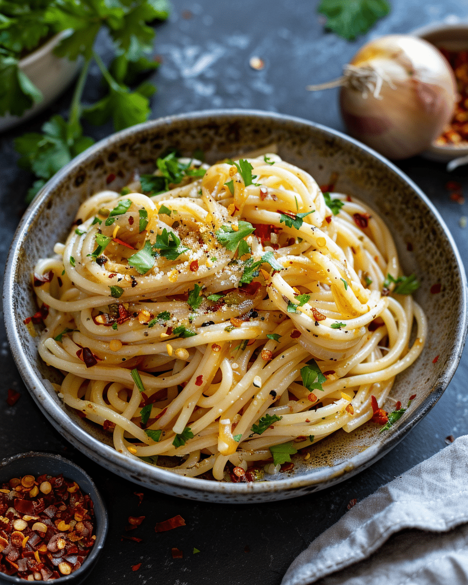 Caramelized Onion Pasta with Crunchy Chili Onion