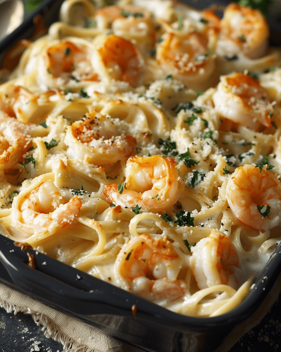 Shrimp Fettuccine Alfredo Pasta Bake