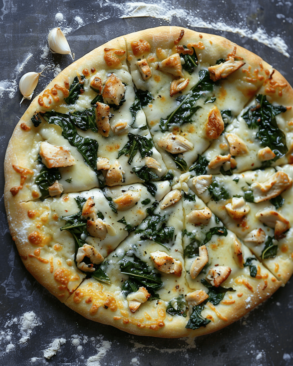 Roasted Garlic, Chicken and Spinach White Pizza