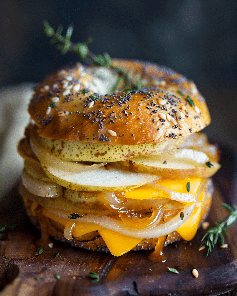 Pear Apple Cheddar Caramelized Onion Grilled Cheese Bagel Sandwich Recipe