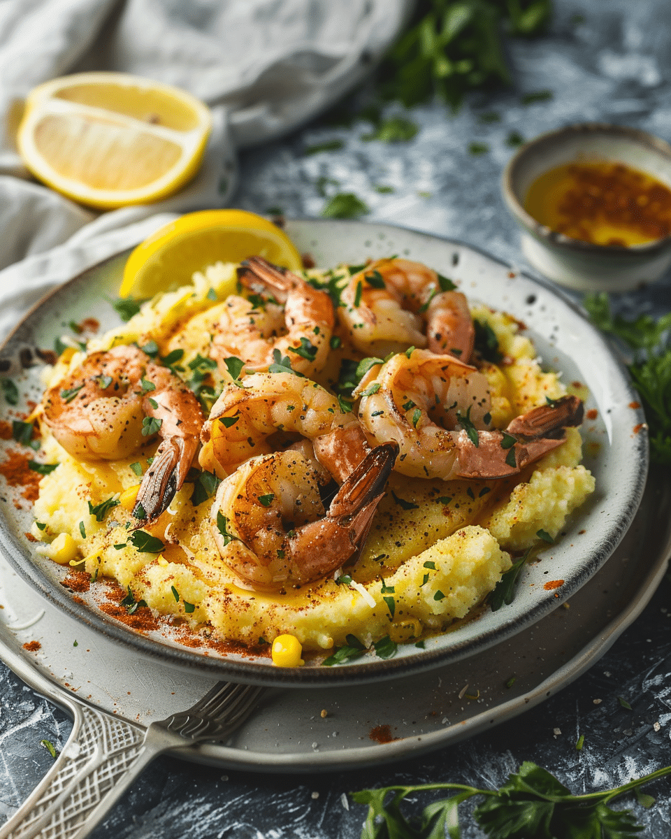 Spicy Garlic Lemon Butter Shrimp with Parmesan Corn Polenta