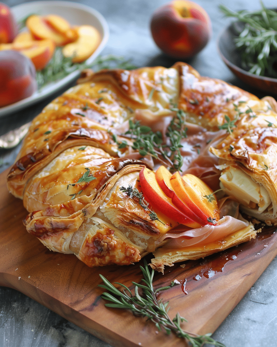 Prosciutto Wrapped Peach Baked Brie in Pastry