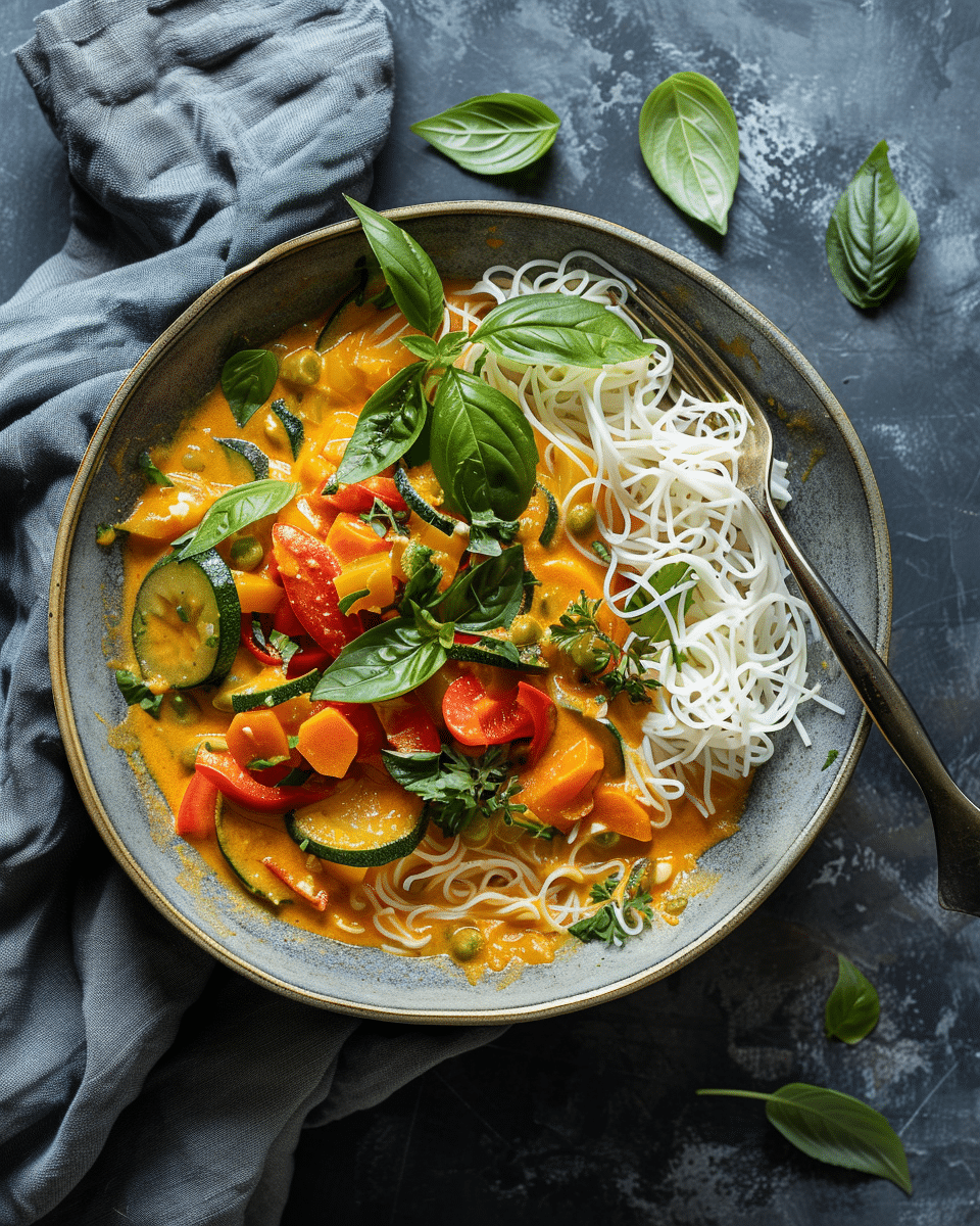 Saucy Coconut Curry with Rice Noodles and Garden Vegetables
