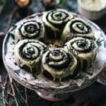 Black Sesame Cinnamon Rolls with Matcha Glaze