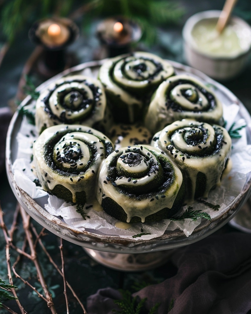 Black Sesame Cinnamon Rolls with Matcha Glaze