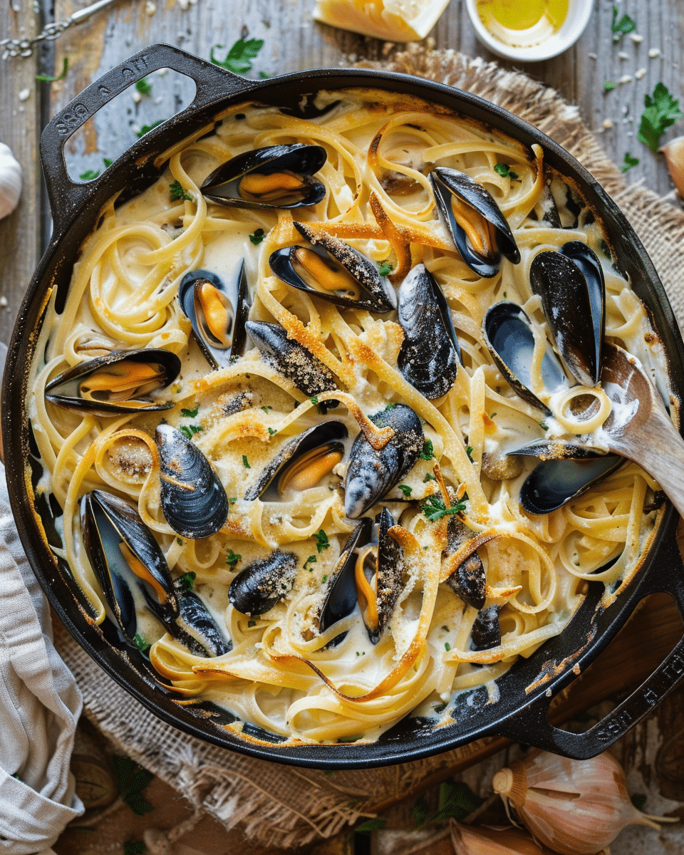 Creamy Garlic Mussels Pasta Bake Recipe