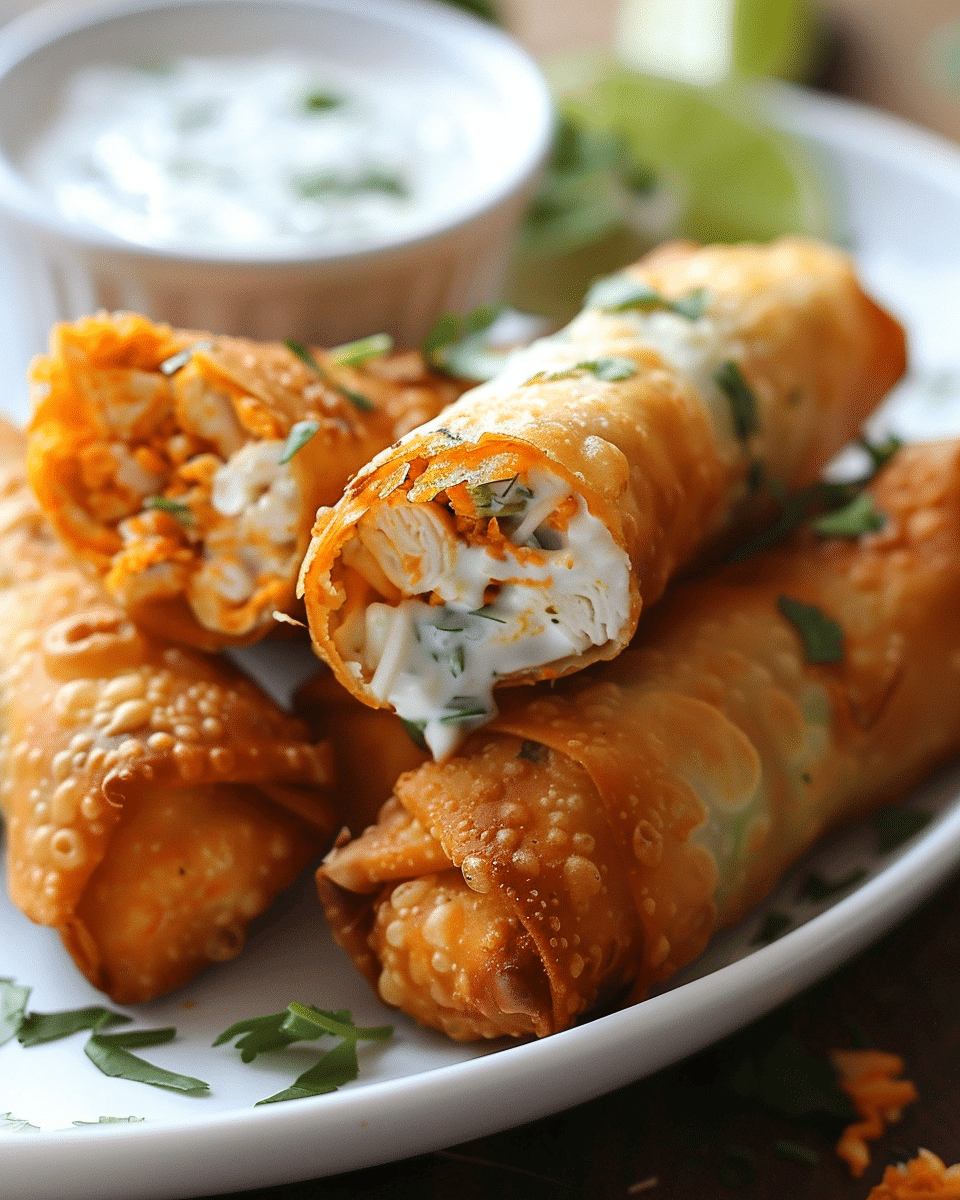 Baked Buffalo Chicken Egg Rolls with Cilantro Lime Ranch
