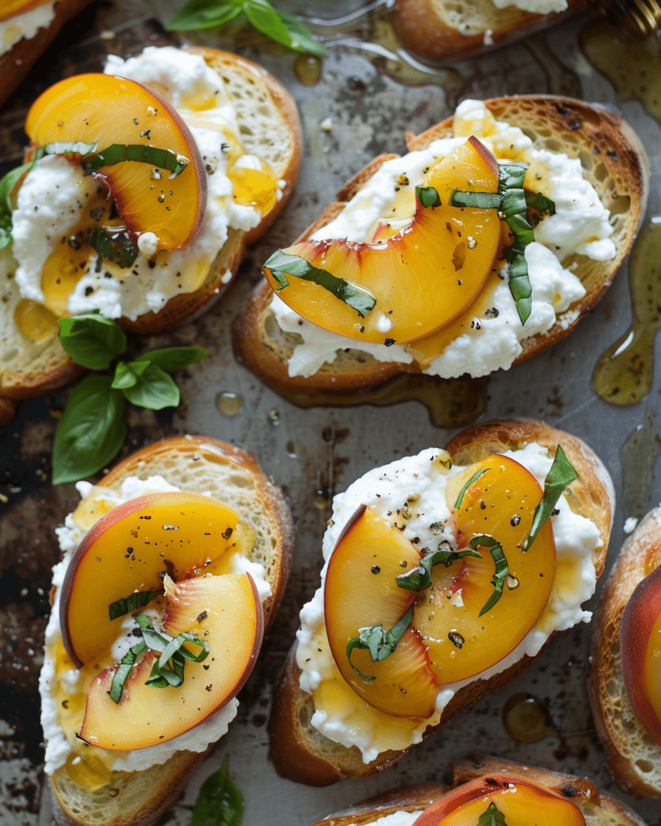 Peach Burrata Parmesan Crusted Crostini with Hot Honey