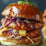 Teriyaki Chicken Burgers with Bang Bang Pineapple Slaw