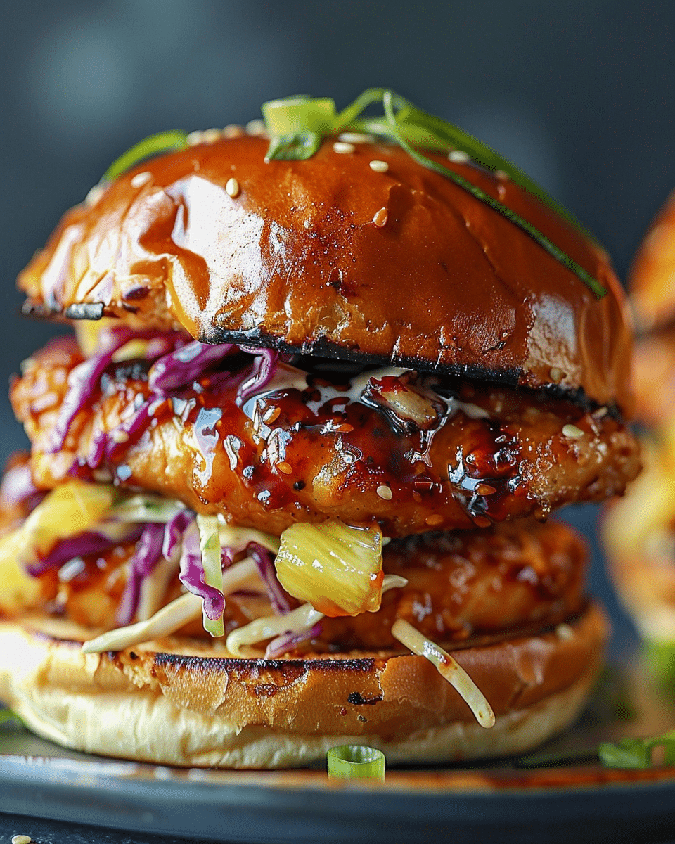 Teriyaki Chicken Burgers with Bang Bang Pineapple Slaw