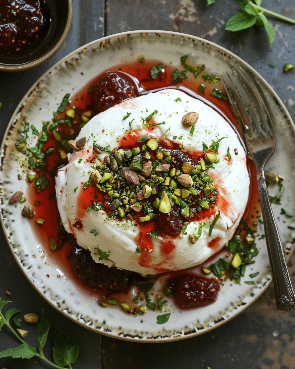 Smashed Burrata with Jam and Pistachios