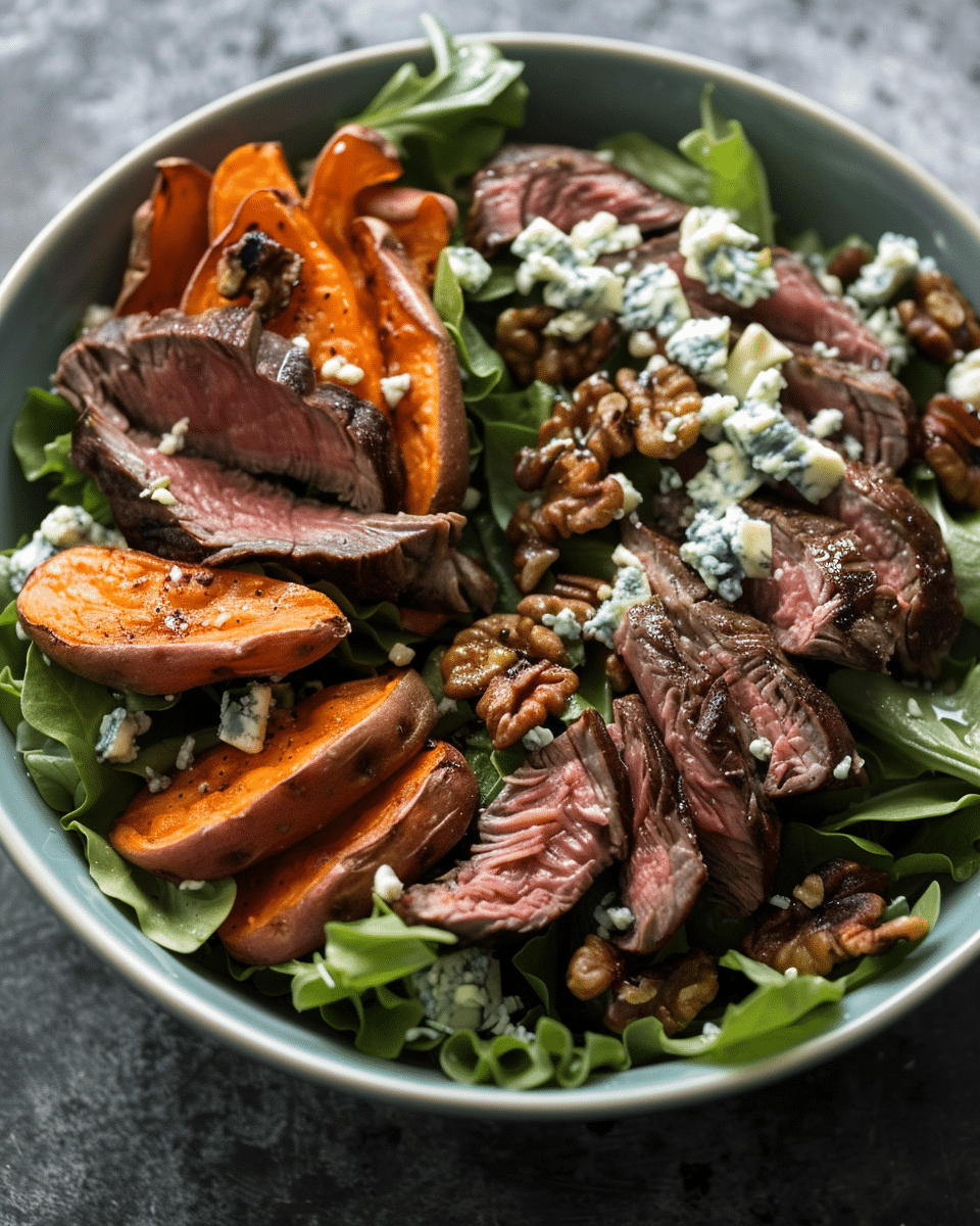 Sweet Potato Fry Steak Salad with Blue Cheese Butter Recipe