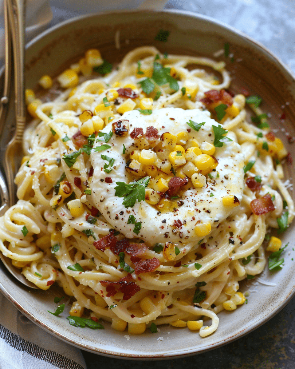 Garlic Herb Corn Carbonara with Burrata