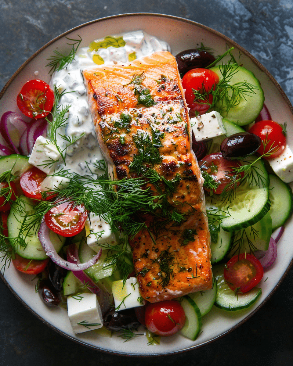 Seared Salmon with Dill Yogurt Sauce and Greek Salad Recipe