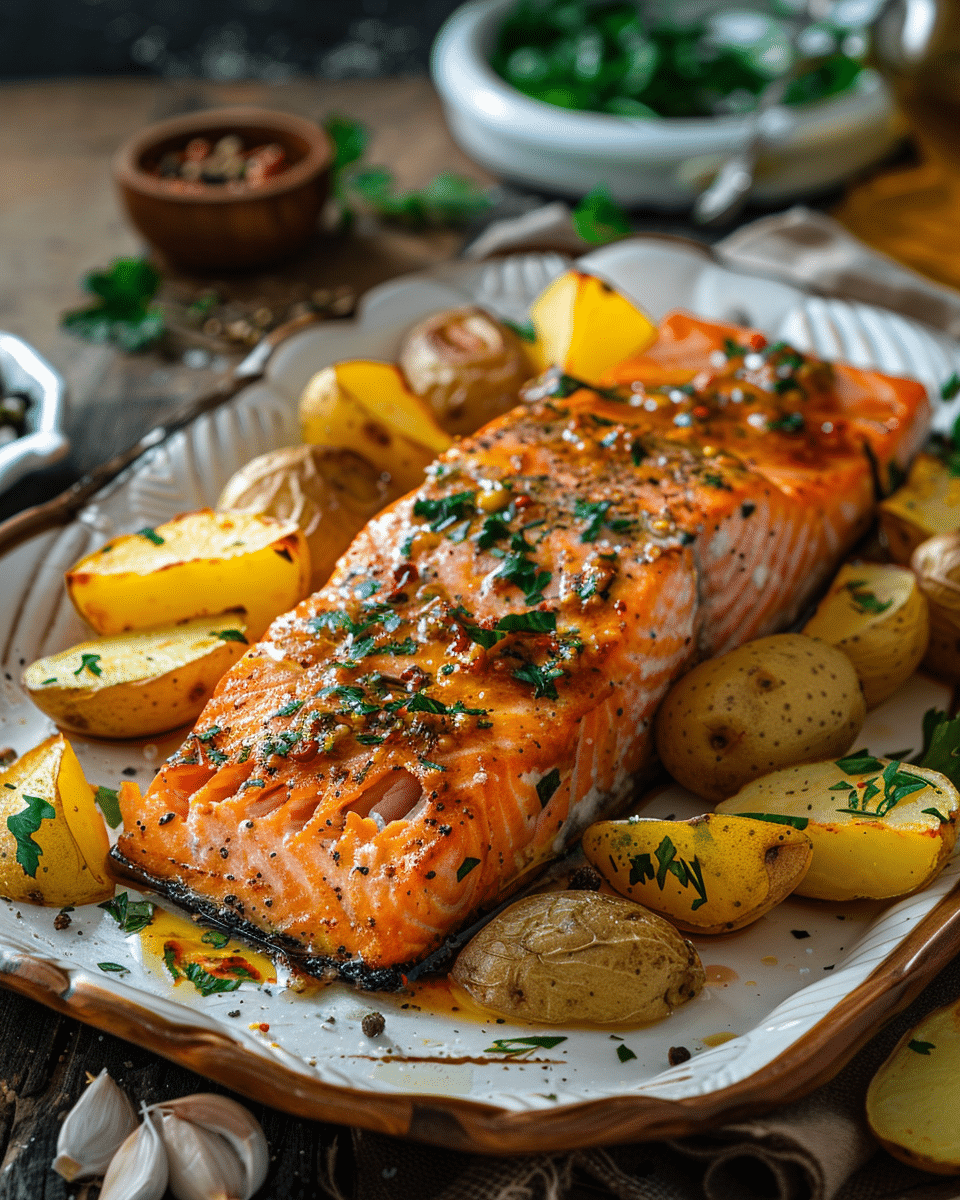 Baked Salmon and Potatoes with Patatas Bravas Sauce Recipe