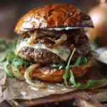 Caramelized Onion Burgers with Swiss Cheese and Arugula