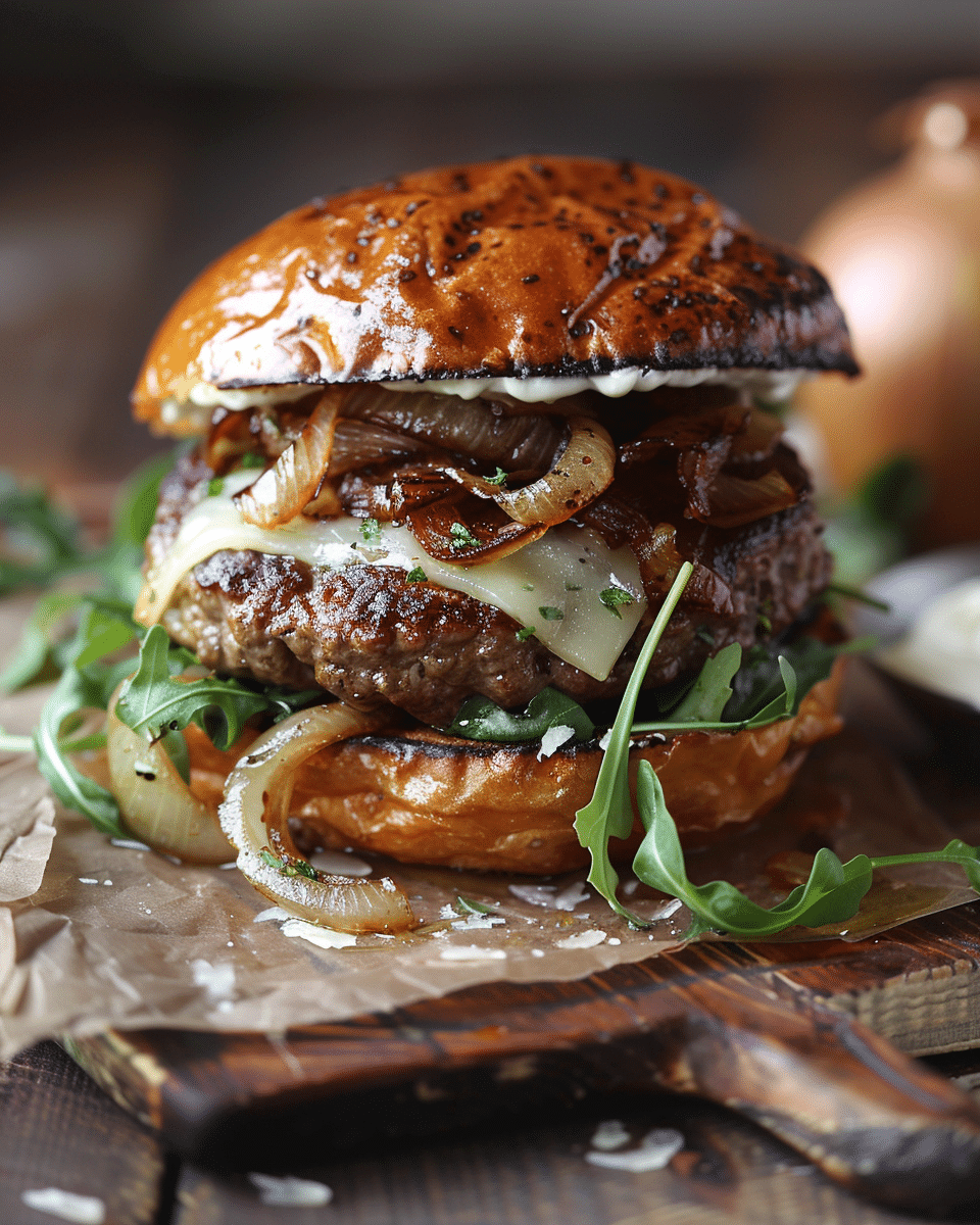 Caramelized Onion Burgers with Swiss Cheese and Arugula
