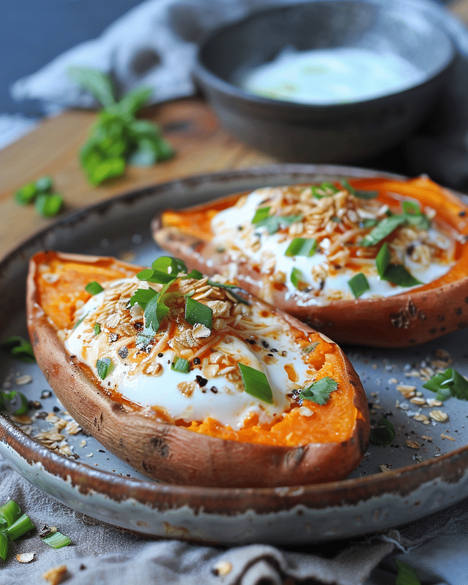 Baked Breakfast Sweet Potatoes with Yogurt