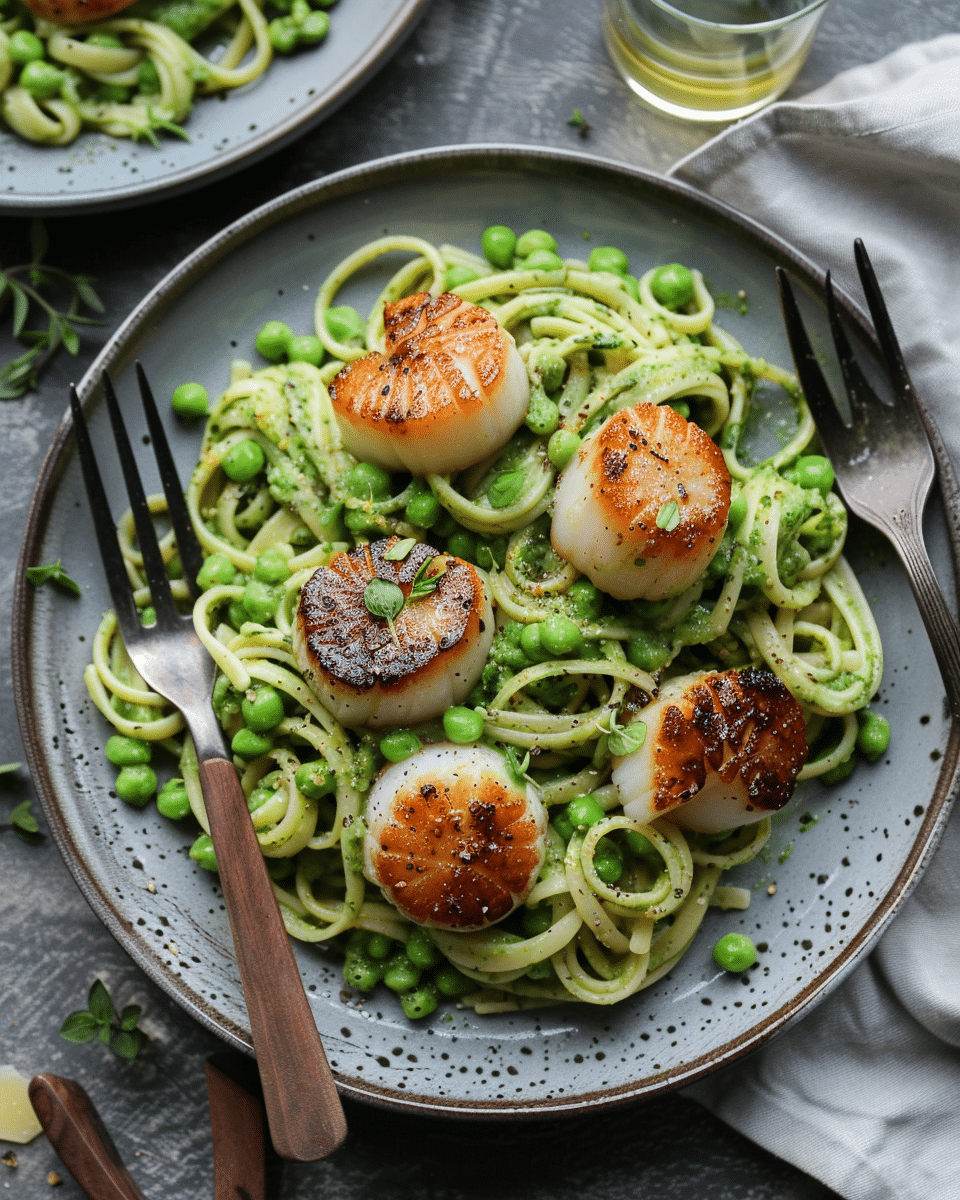 Pea Pesto Pasta with Brown Butter Scallops Recipe