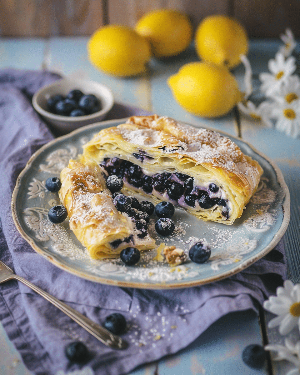 Lemon and Blueberry Filo Pastry Scroll Cake
