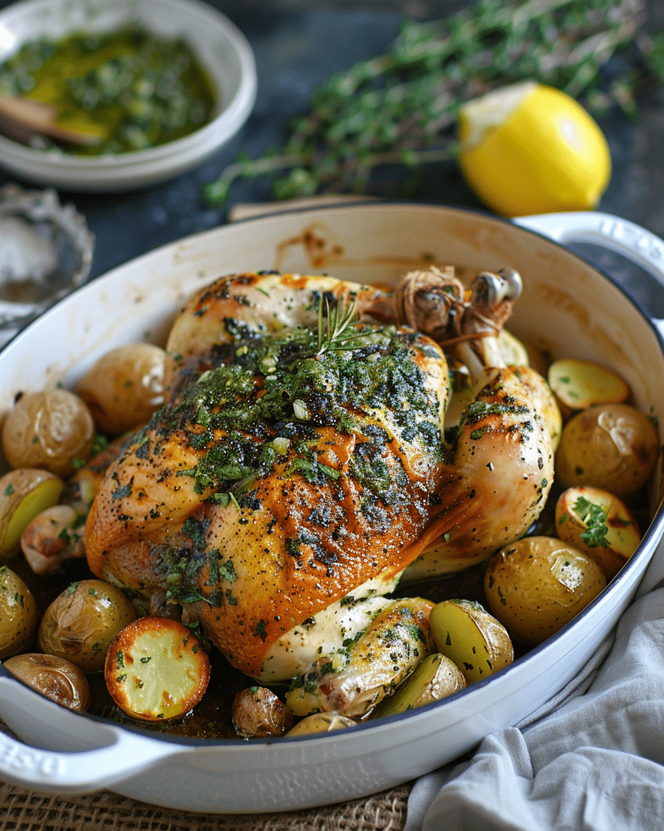 Lemon and Thyme Roast Chicken and Potatoes with Salsa Verde