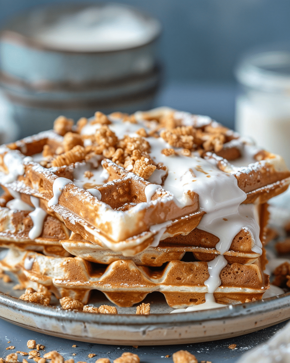 Cinnamon Toast Crunch Waffles with Cereal Milk Glaze