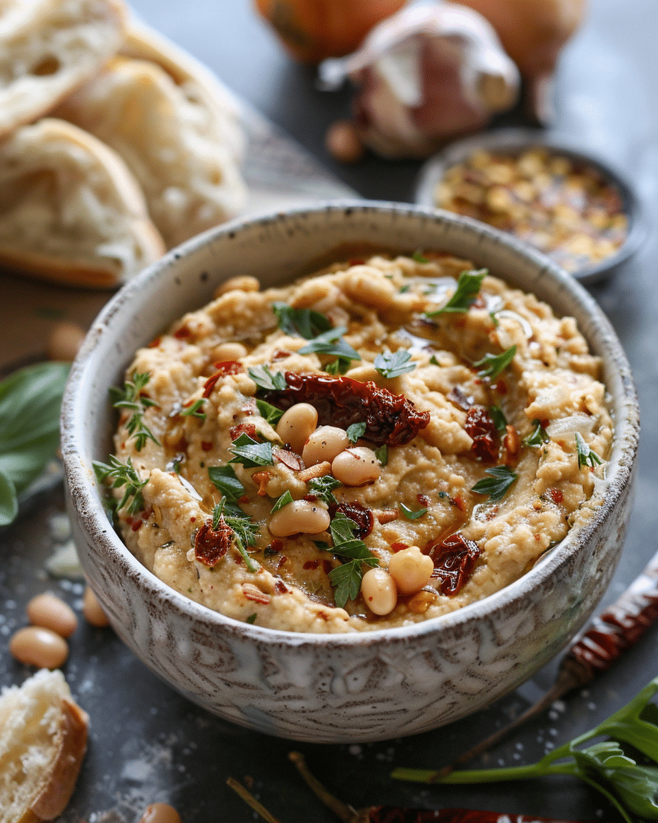 White Bean Dip with Sun Dried Tomato and Herbs