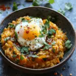 Kabocha Squash Risotto with Kimchi and Poached Egg