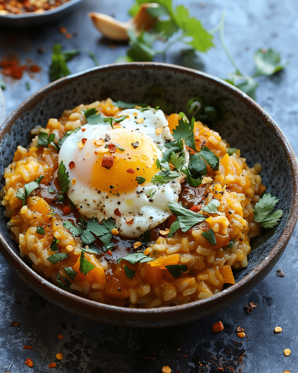 Kabocha Squash Risotto with Kimchi and Poached Egg