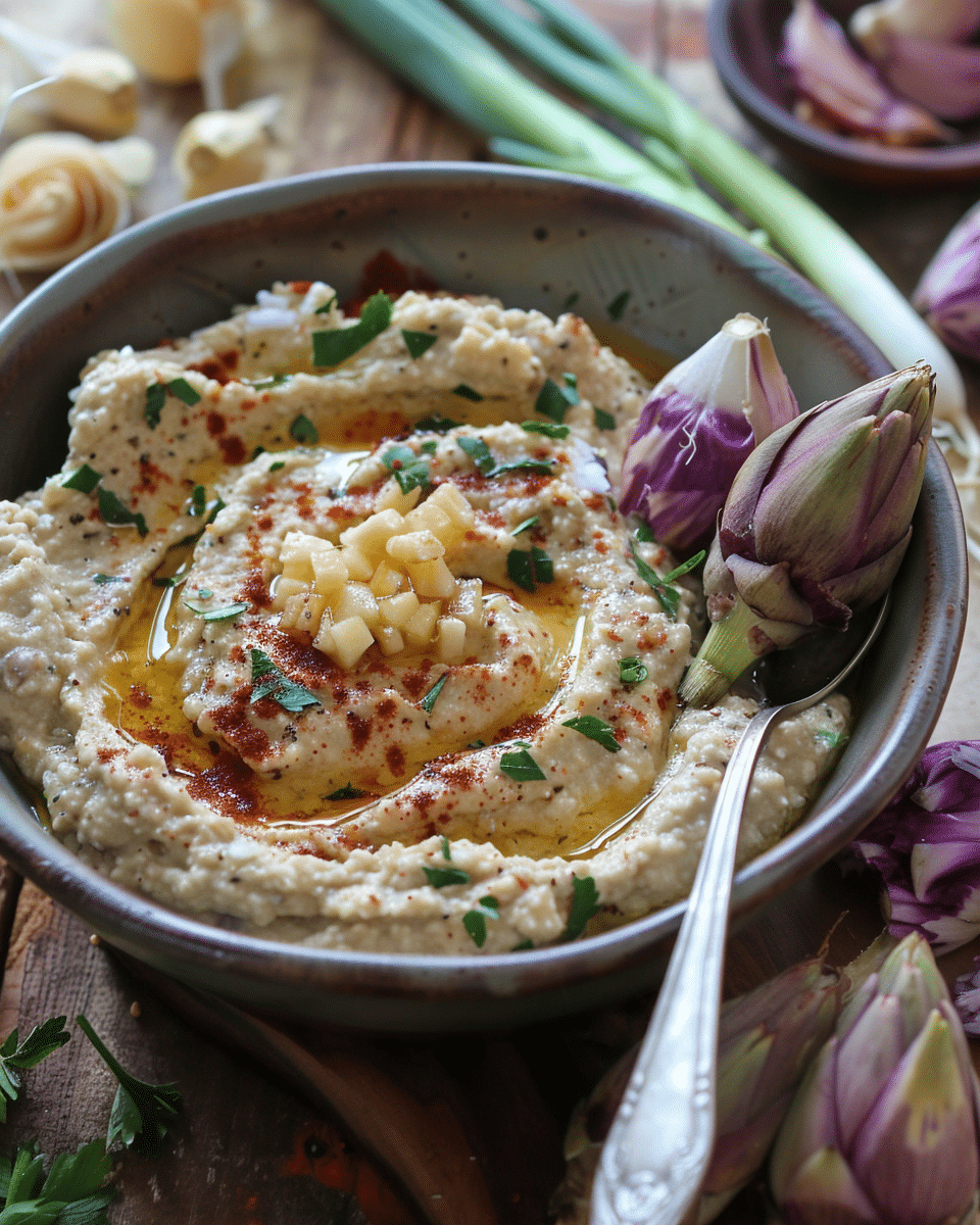 White Bean Hummus with Purple Artichokes