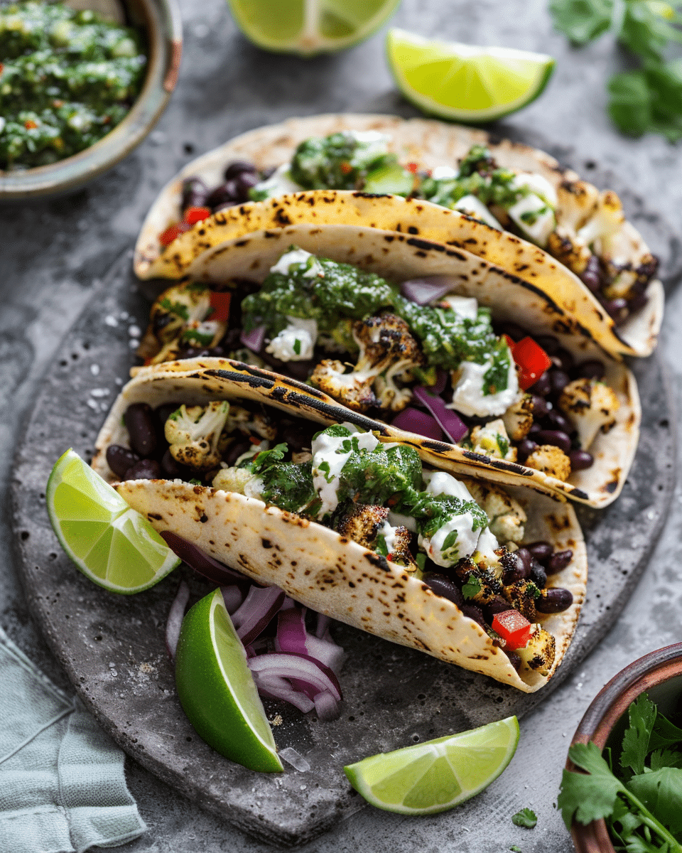Black Bean Cauliflower Tacos with Chimichurri Yogurt