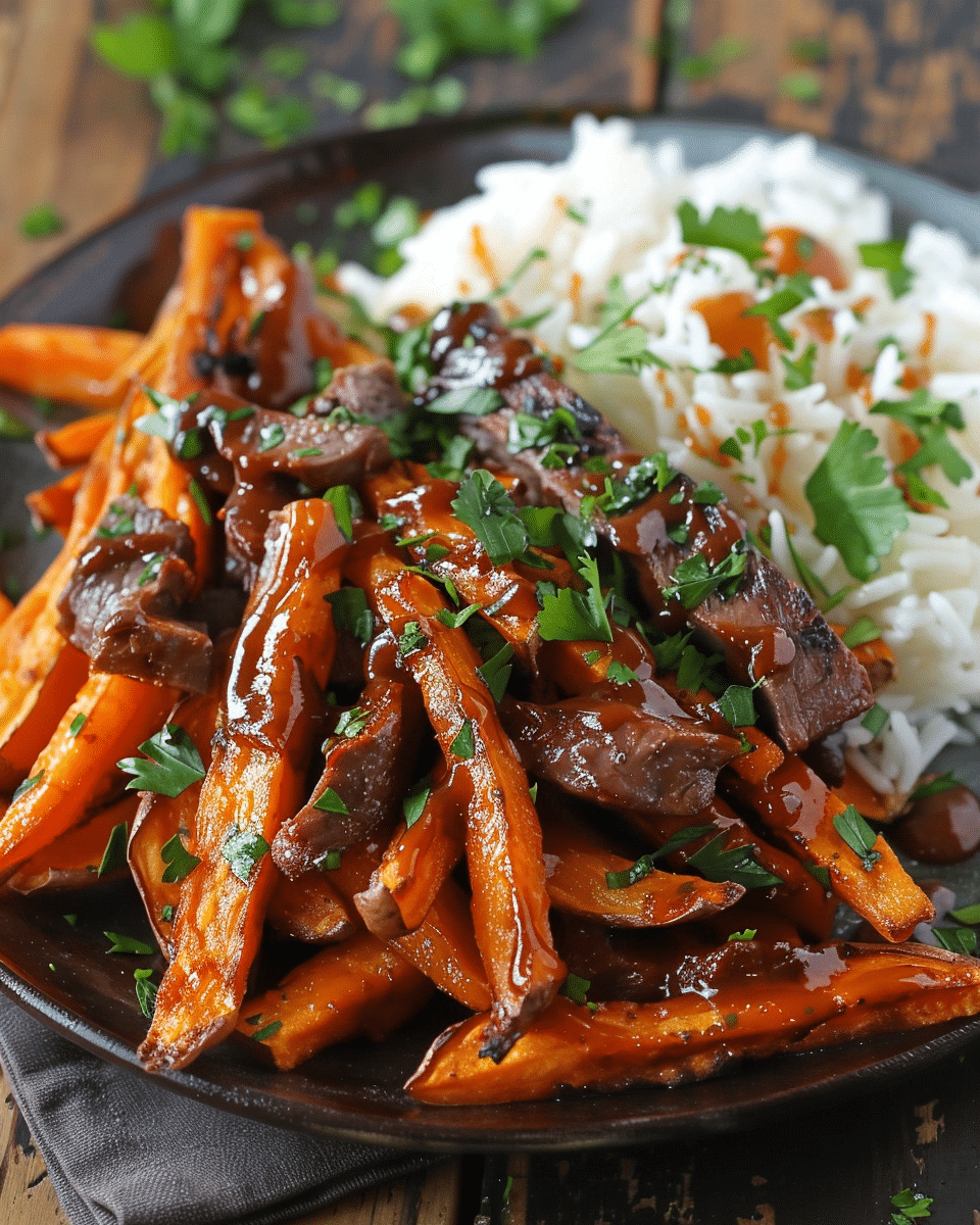 Vegetarian Lomo Saltado with Baked Sweet Potato Fries